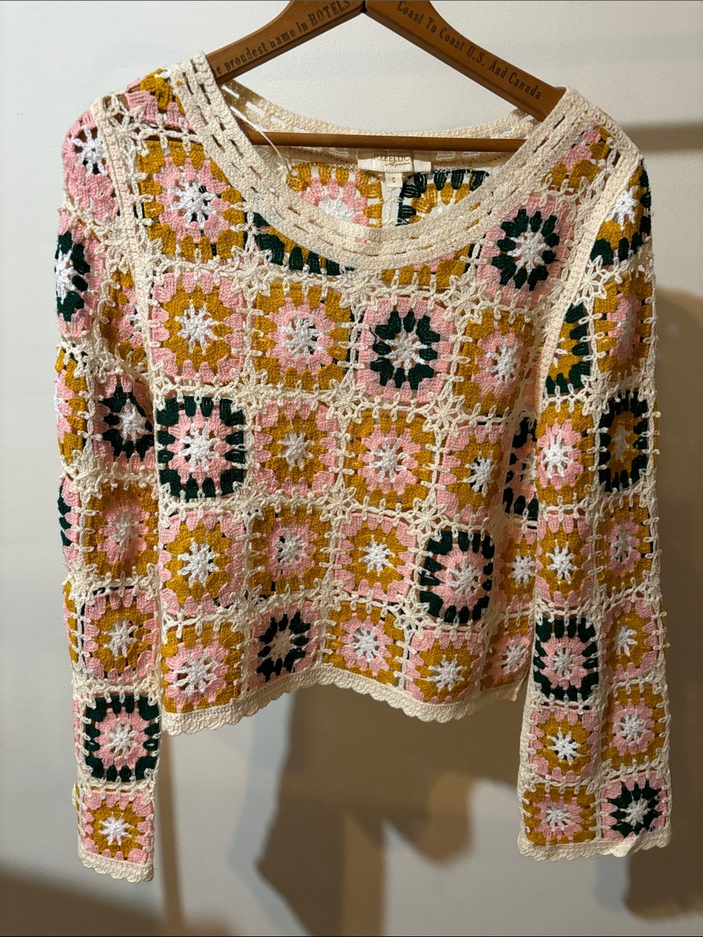Rebellion Crochet Square-Pattern Long Sleeve Top - Pink, Mustard & Green